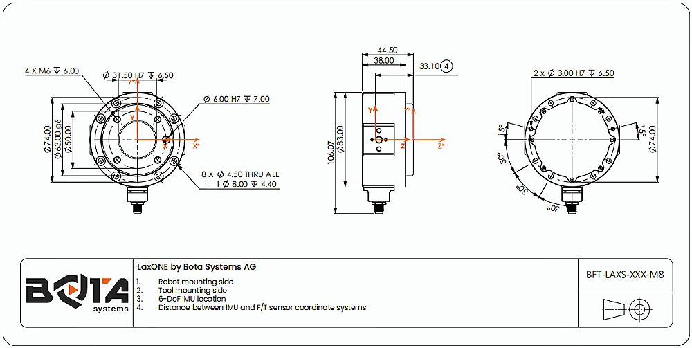 LaxONE6軸力扭矩傳感器的機械尺寸